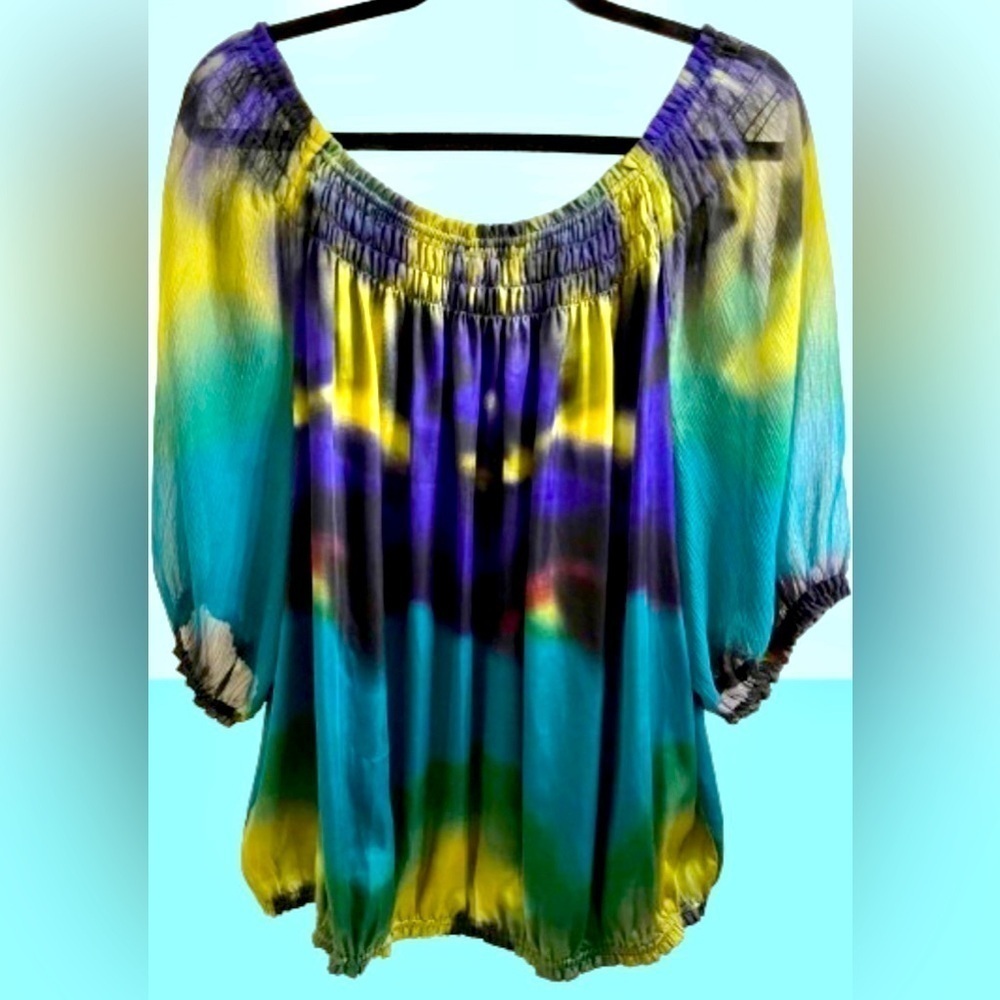 💜 FLIRTY FLOWY Blouse Soft 22/24 Artsy Tie Dye Dark Colors Boho Loud DRESS BARN